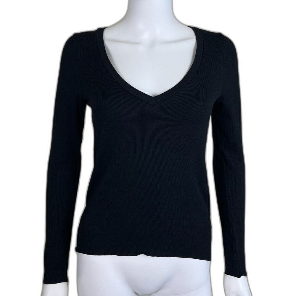 LNA Women's Size S Black V Ribbed Long Sleeve Pullover Top Casual Minimalist